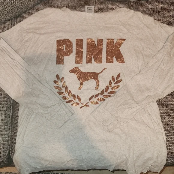 PINK Victoria's Secret Long Sleeve Tee - Gray with Gold Accents - Picture 2 of 5